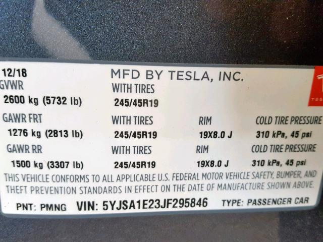 5YJSA1E23JF295846 - 2018 TESLA MODEL S رمادي صورة 10