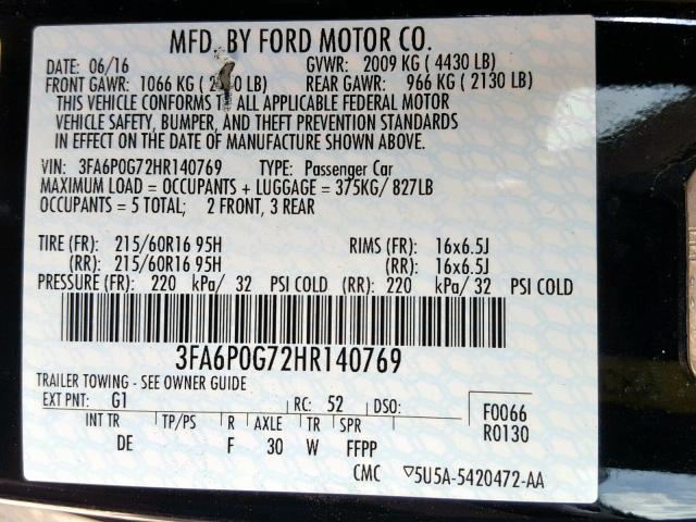 3FA6P0G72HR140769 - 2017 FORD FUSION S BLACK photo 10