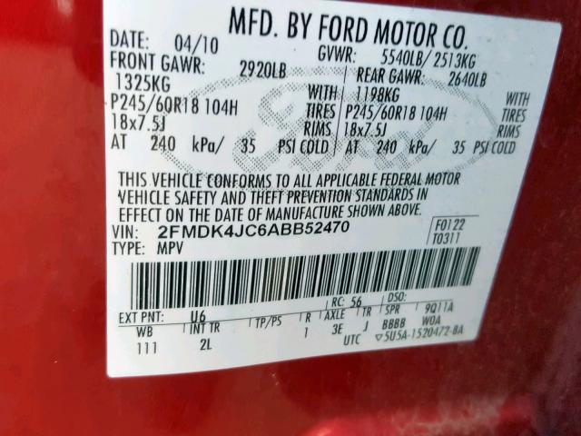 2FMDK4JC6ABB52470 - 2010 FORD EDGE SEL RED photo 10