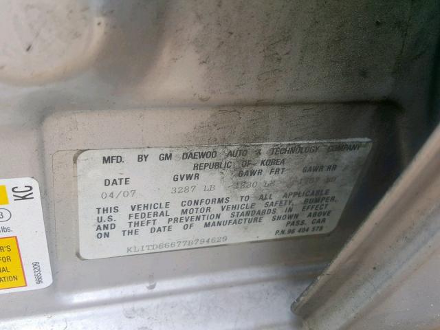 KL1TD66677B794629 - 2007 CHEVROLET AVEO BASE Gümüş foto 10