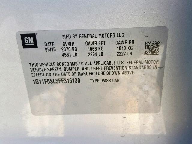 1G11F5SL5FF316130 - 2015 CHEVROLET MALIBU LTZ ვერცხლისფერი ფოტო 10