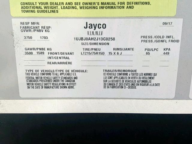 1UJBJ0AH2J13C0258 - 2018 JAYCO TRVL TRL WHITE photo 10