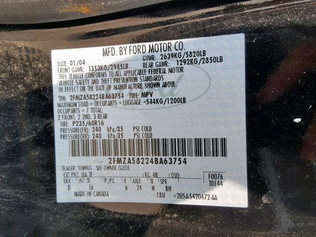 2FMZA58224BA63754 - 2004 FORD FREESTAR L BLACK photo 10