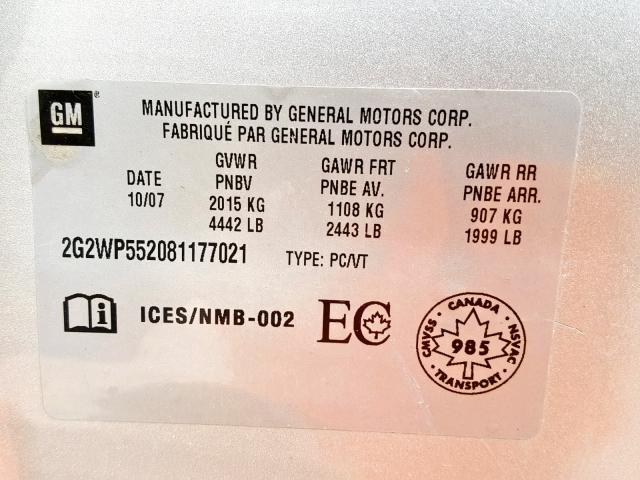 2G2WP552081177021 - 2008 PONTIAC GRAND PRIX SILVER photo 10