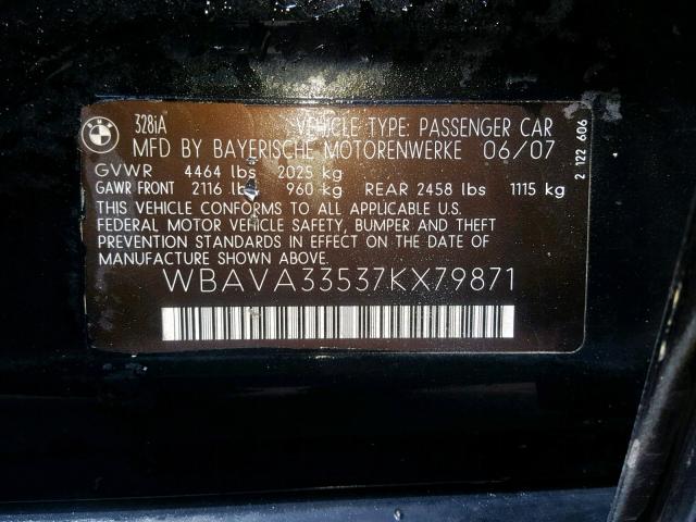 WBAVA33537KX79871 - 2007 BMW 328 I BLACK photo 10