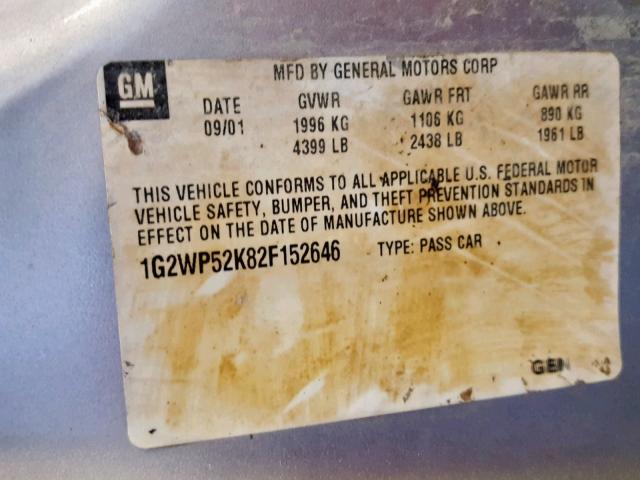 1G2WP52K82F152646 - 2002 PONTIAC GRAND PRIX SILVER photo 10