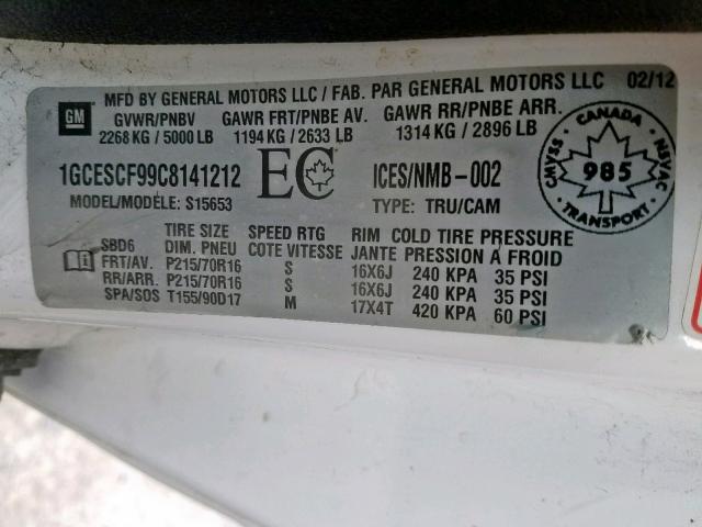 1GCESCF99C8141212 - 2012 CHEVROLET COLORADO L WHITE photo 10