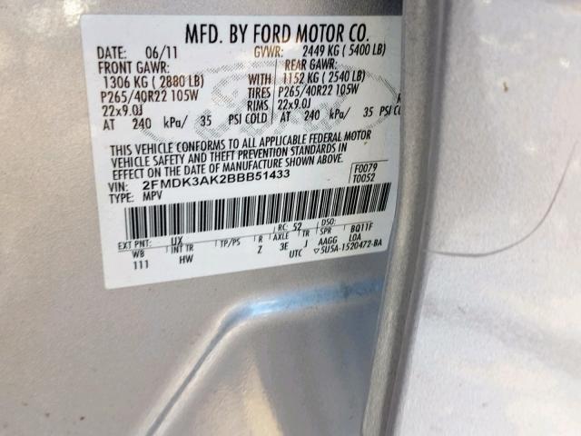 2FMDK3AK2BBB51433 - 2011 FORD EDGE SPORT SILVER photo 10