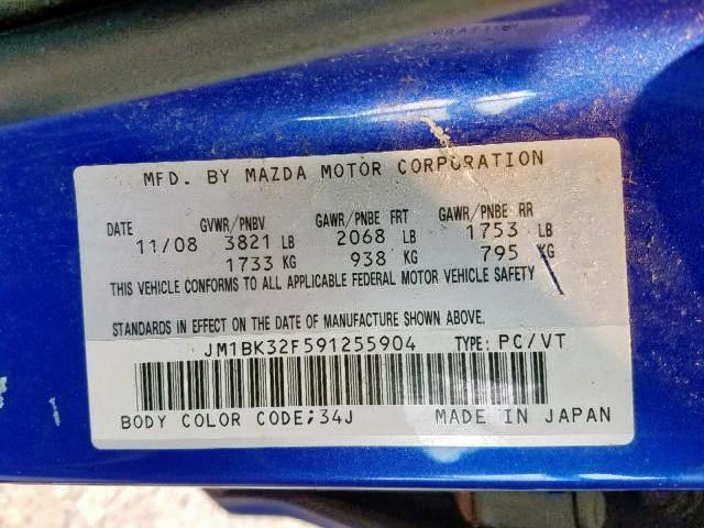 JM1BK32F591255904 - 2009 MAZDA 3 I BLUE photo 9