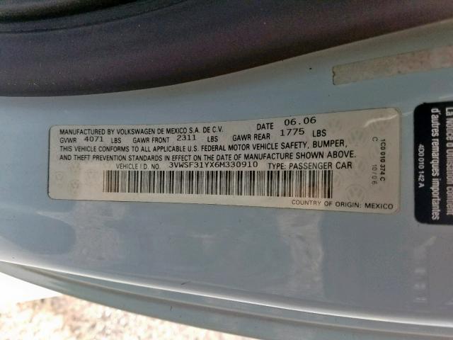 3VWSF31YX6M330910 - 2006 VOLKSWAGEN NEW BEETLE ლურჯი ფოტო 10