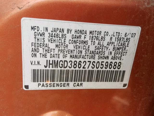 JHMGD38627S059688 - 2007 HONDA FIT S 橙色 照片 10