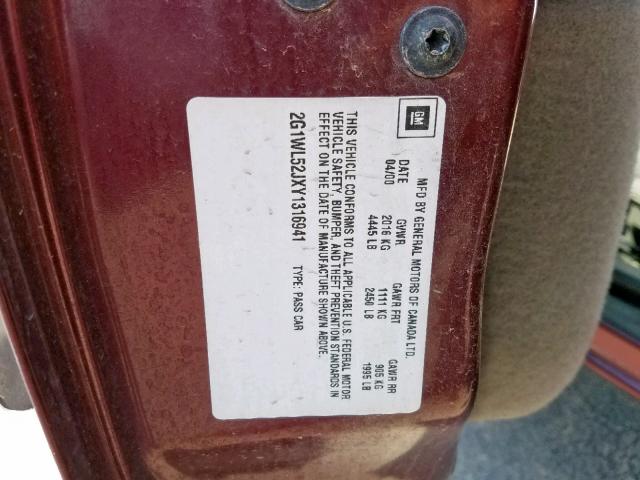 2G1WL52JXY1316941 - 2000 CHEVROLET LUMINA MAROON photo 10