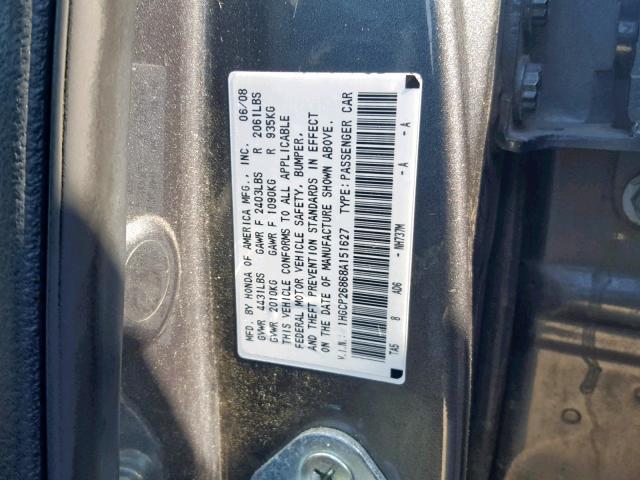 1HGCP26868A151627 - 2008 HONDA ACCORD EXL GRAY photo 10