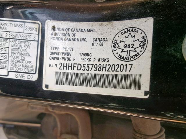 2HHFD55798H202017 - 2008 ACURA CSX TECHNO BLACK photo 10