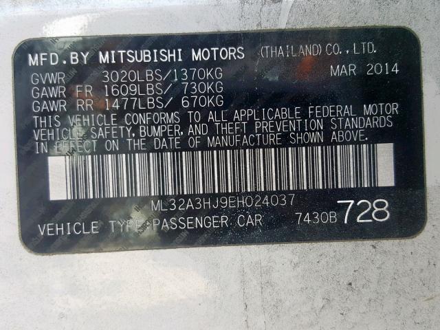 ML32A3HJ9EH024037 - 2014 MITSUBISHI MIRAGE DE WHITE photo 10