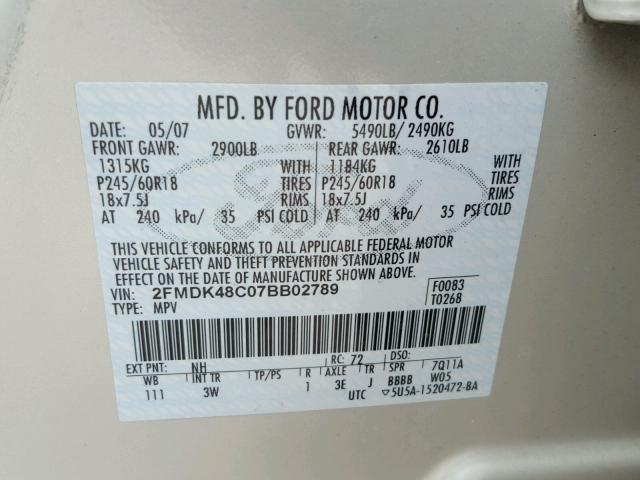 2FMDK48C07BB02789 - 2007 FORD EDGE SEL CREAM photo 10