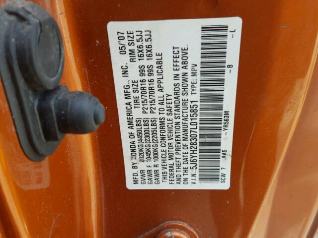 5J6YH28307L015851 - 2007 HONDA ELEMENT LX ORANGE photo 10