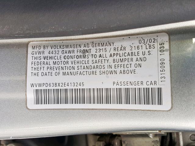 WVWPD63BX2E413245 - 2002 VOLKSWAGEN PASSAT GLS BLUE photo 10