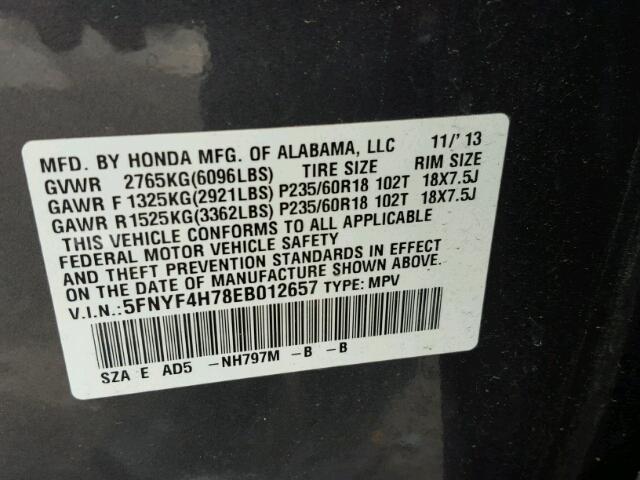 5FNYF4H78EB012657 - 2014 HONDA PILOT EXLN GRAY photo 10