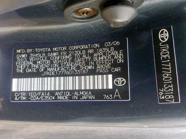 JTKDE177760133187 - 2006 TOYOTA SCION TC ნაცრისფერი ფოტო 10