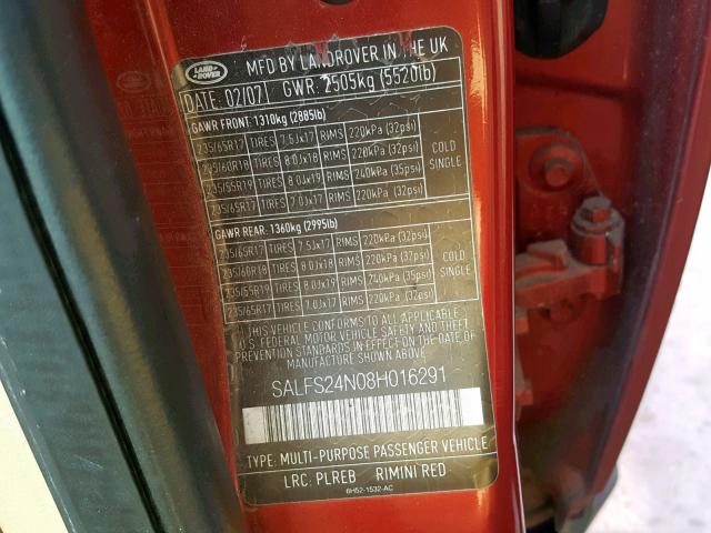 SALFS24N08H016291 - 2008 LAND ROVER LR2 SE TEC RED photo 10