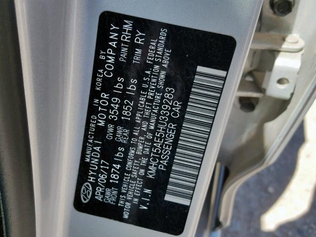 KMHCT5AE5HU339283 - 2017 HYUNDAI ACCENT SE SILVER photo 10