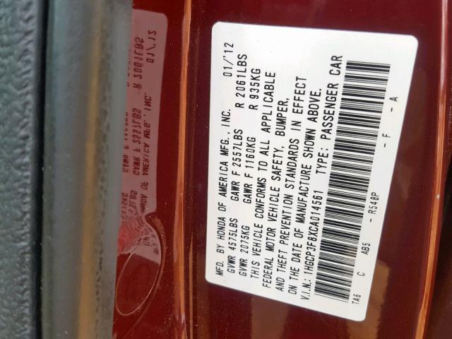 1HGCP3F8XCA014561 - 2012 HONDA ACCORD EXL MAROON photo 10