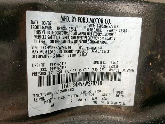 1FAFP34N57W270710 - 2007 FORD FOCUS ZX4 GRAY photo 10