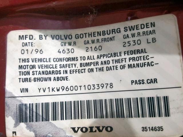 YV1KW9600T1033978 - 1996 VOLVO 960 MAROON photo 10