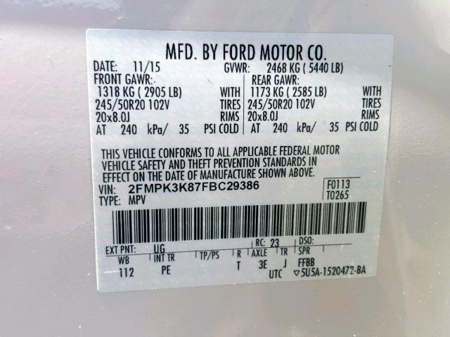 2FMPK3K87FBC29386 - 2015 FORD EDGE TITAN WHITE photo 10