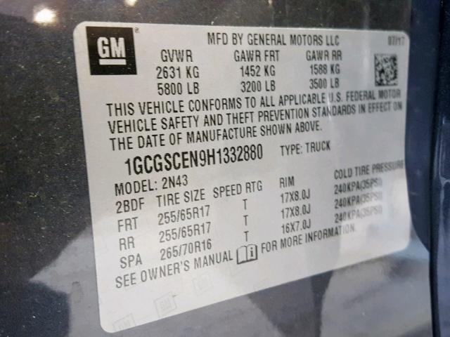 1GCGSCEN9H1332880 - 2017 CHEVROLET COLORADO L GRAY photo 10