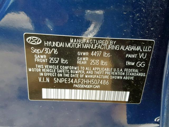 5NPE34AF2HH507486 - 2017 HYUNDAI SONATA SPO BLUE photo 10