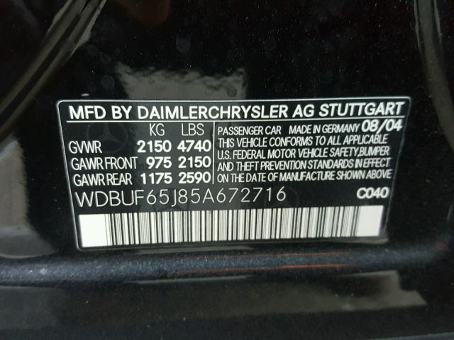 WDBUF65J85A672716 - 2005 MERCEDES-BENZ E 320 BLACK photo 10