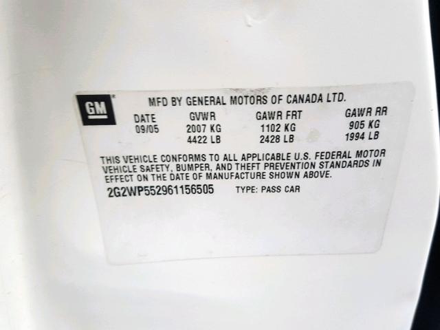 2G2WP552961156505 - 2006 PONTIAC GRAND PRIX WHITE photo 10