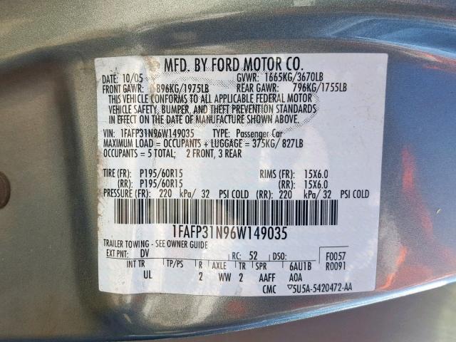 1FAFP31N96W149035 - 2006 FORD FOCUS ZX3 GRAY photo 10