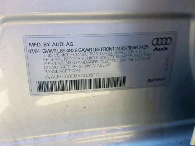 WAUVC58E05A039101 - 2005 AUDI A4 1.8T AV SILVER photo 10