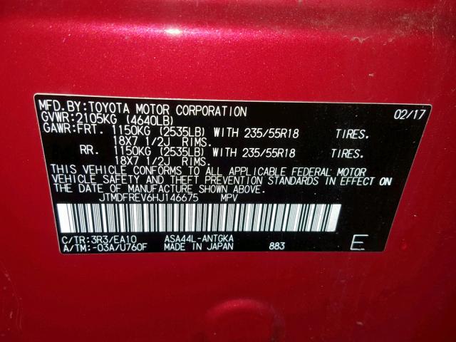 JTMDFREV6HJ146675 - 2017 TOYOTA RAV4 LIMIT RED photo 10