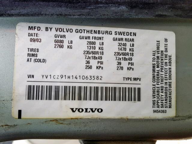 YV1CZ91H141063582 - 2004 VOLVO XC90 T6 SILVER photo 10