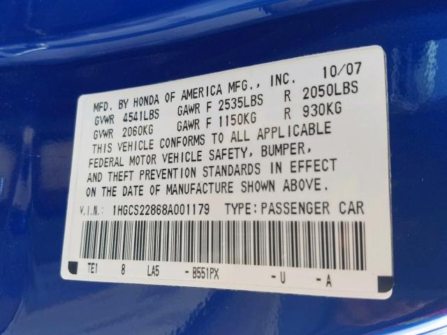 1HGCS22868A001179 - 2008 HONDA ACCORD EXL BLUE photo 10