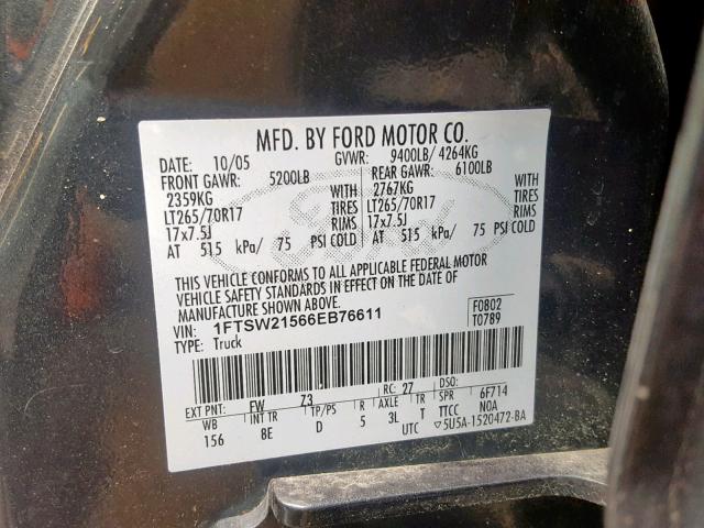 1FTSW21566EB76611 - 2006 FORD F250 SUPER BLACK photo 10