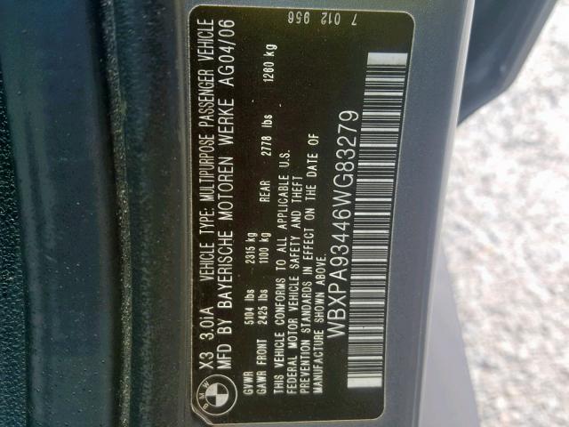 WBXPA93446WG83279 - 2006 BMW X3 3.0I SILVER photo 10