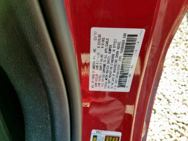 1HGCT1B80HA006336 - 2017 HONDA ACCORD EXL RED photo 10