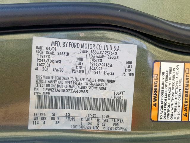 1FMZU64E02ZA40965 - 2002 FORD EXPLORER E GREEN photo 10