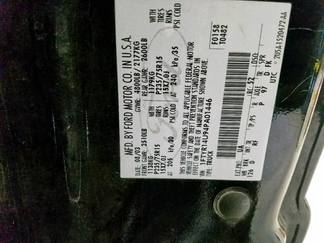 1FTYR14U94PA01446 - 2004 FORD RANGER SUP BLACK photo 10