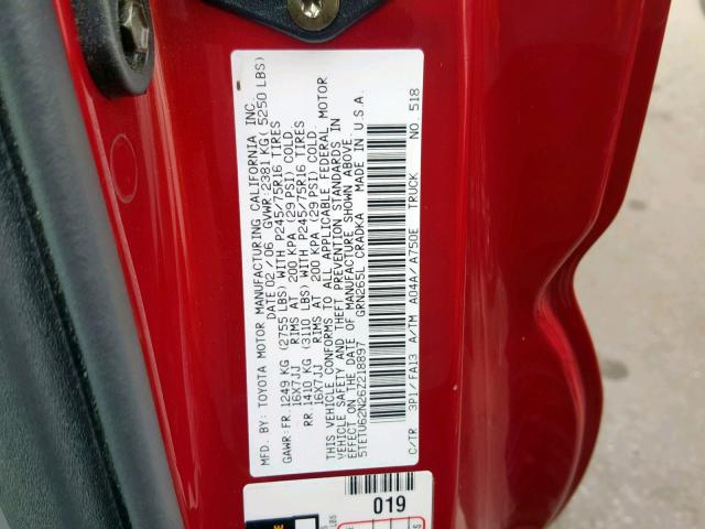 5TETU62N26Z218897 - 2006 TOYOTA TACOMA PRE RED photo 10