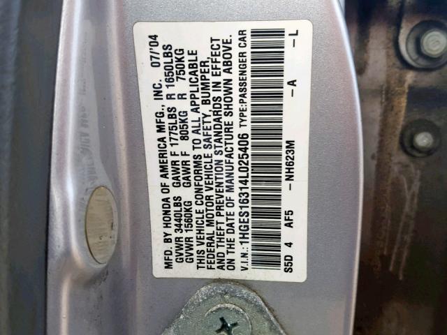 1HGES16314L025406 - 2004 HONDA CIVIC DX V SILVER photo 10