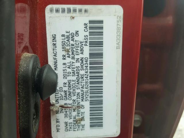 5Y2SL62814Z434340 - 2004 PONTIAC VIBE RED photo 10