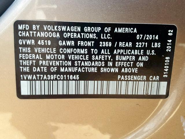 1VWAT7A39FC011645 - 2015 VOLKSWAGEN PASSAT S GOLD photo 10