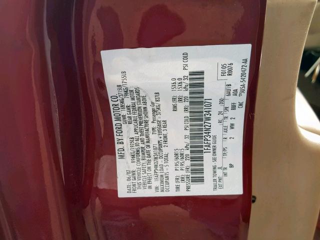 1FAFP34N27W341071 - 2007 FORD FOCUS ZX4 BURGUNDY photo 10