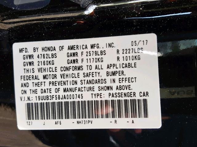 19UUB3F58JA000745 - 2018 ACURA TLX TECH BLACK photo 10